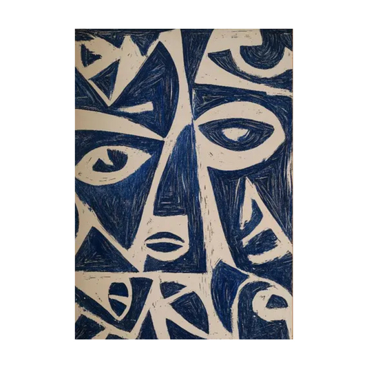 Hand-painted canvas showing fragmented navy-blue faces and angular features against a beige ground.