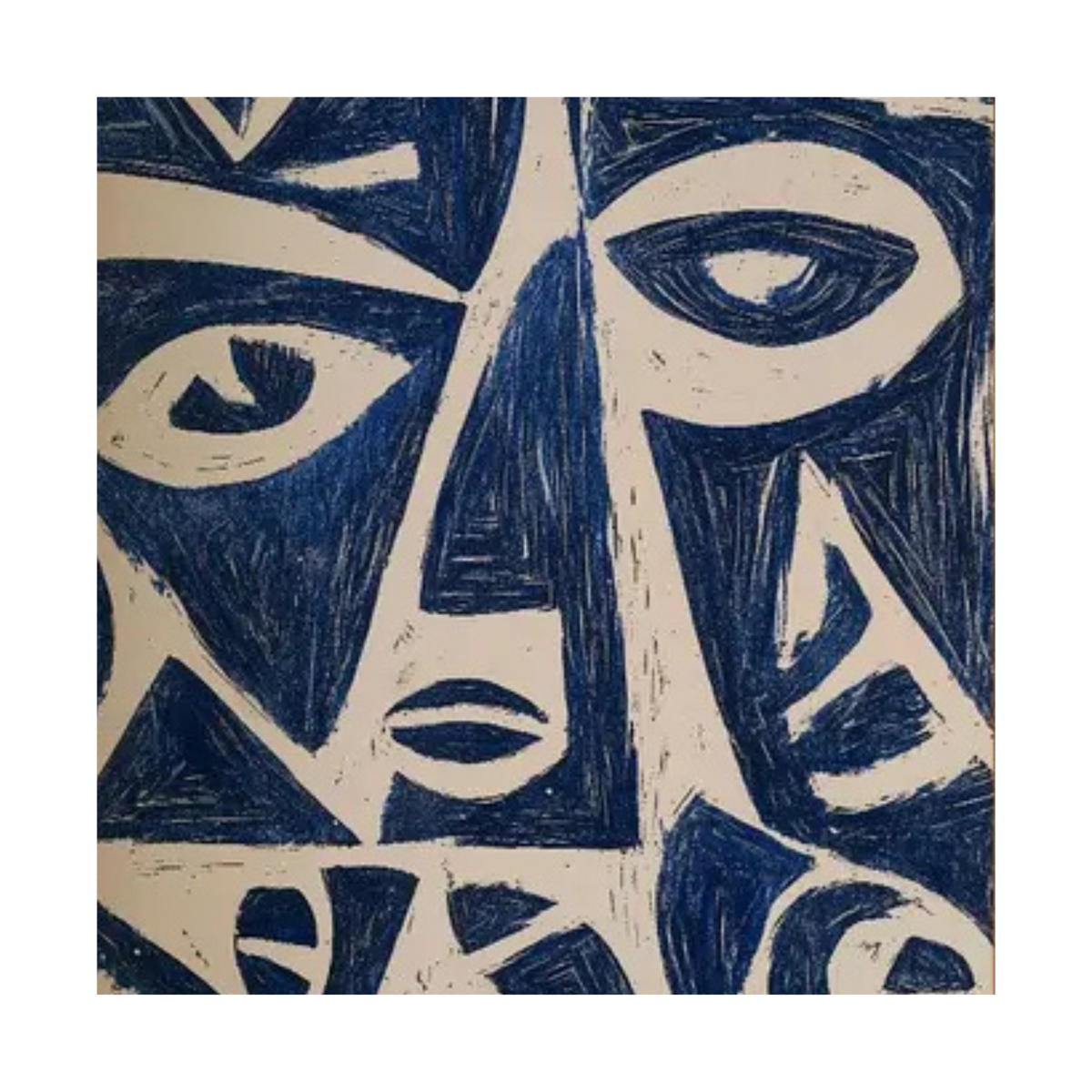 Square crop showing fragmented navy-blue faces and angular features against a beige ground.