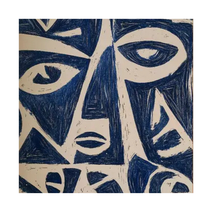 Square crop showing fragmented navy-blue faces and angular features against a beige ground.
