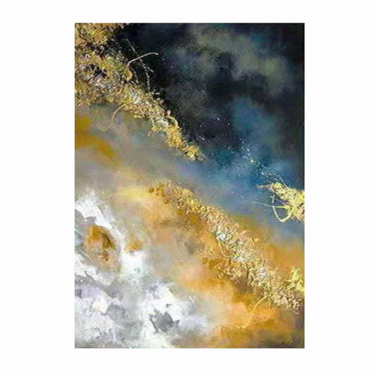 Cloud-like navy, blue-grey, white and ochre areas crossed by winding gold-coloured lines.