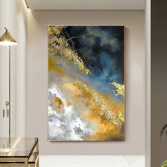 Room mockup showing cloud-like navy, blue-grey, white and ochre areas crossed by winding gold-coloured lines.