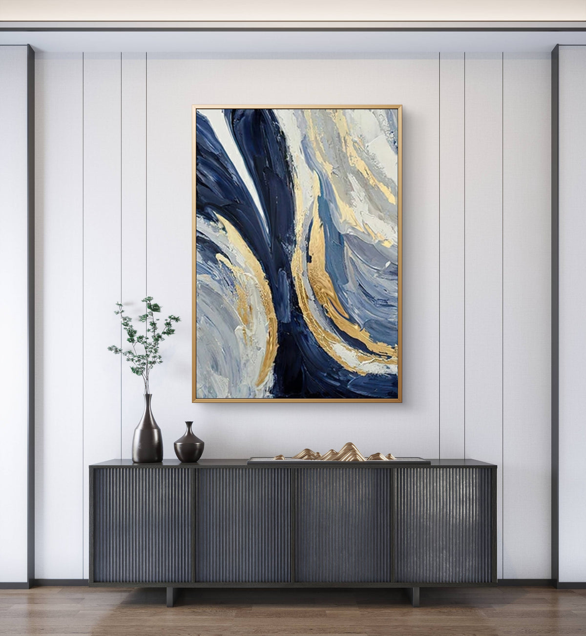 Room mockup showing flowing navy, grey and white bands edged with gold-coloured accents.