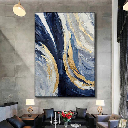 Room mockup showing flowing navy, grey and white bands edged with gold-coloured accents.