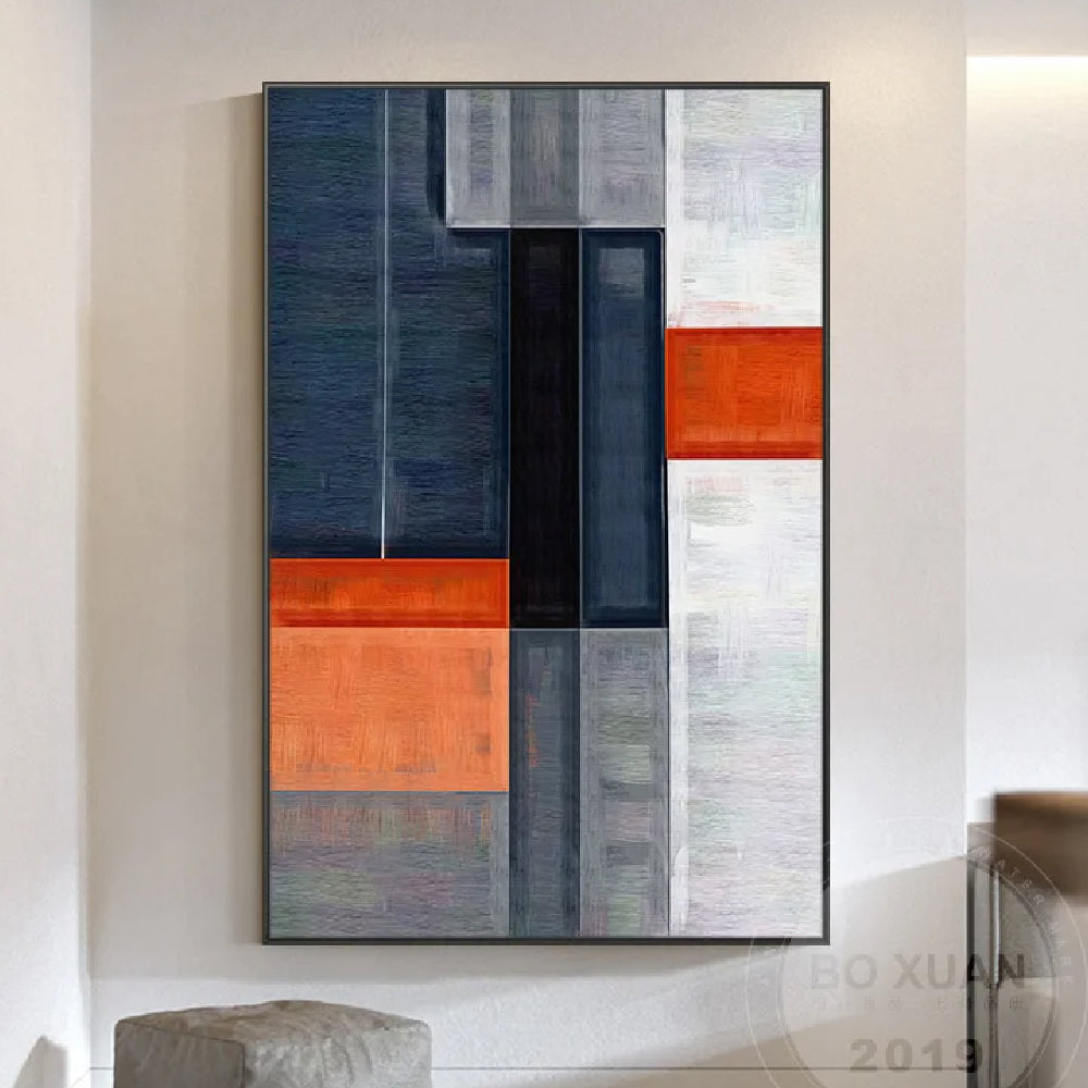 Room mockup showing tall navy and grey rectangular fields interrupted by orange blocks and narrow white areas.