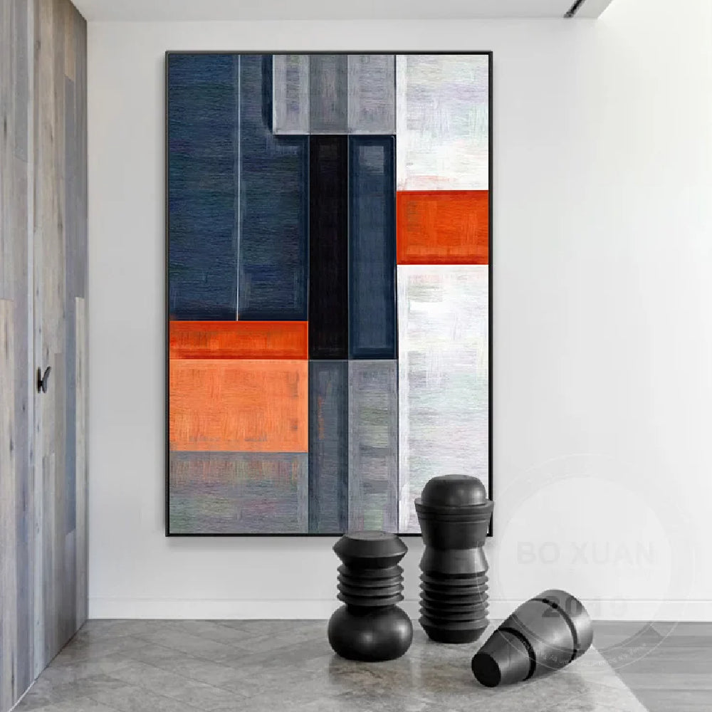 Room mockup showing tall navy and grey rectangular fields interrupted by orange blocks and narrow white areas.