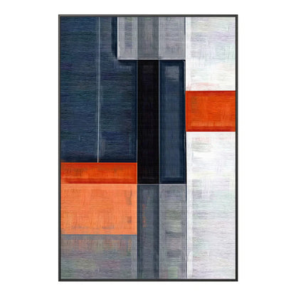 Tall navy and grey rectangular fields interrupted by orange blocks and narrow white areas.