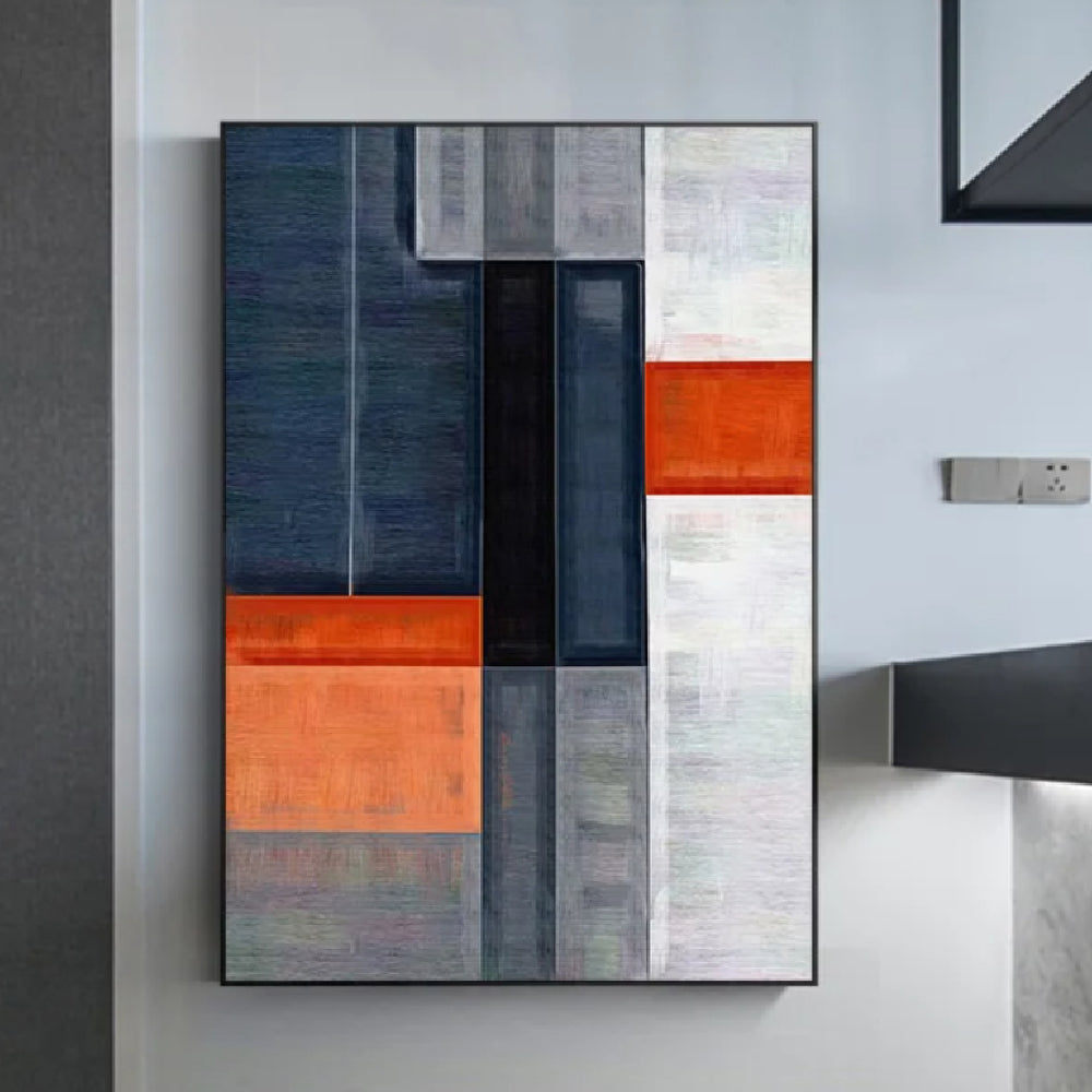 Room mockup showing tall navy and grey rectangular fields interrupted by orange blocks and narrow white areas.