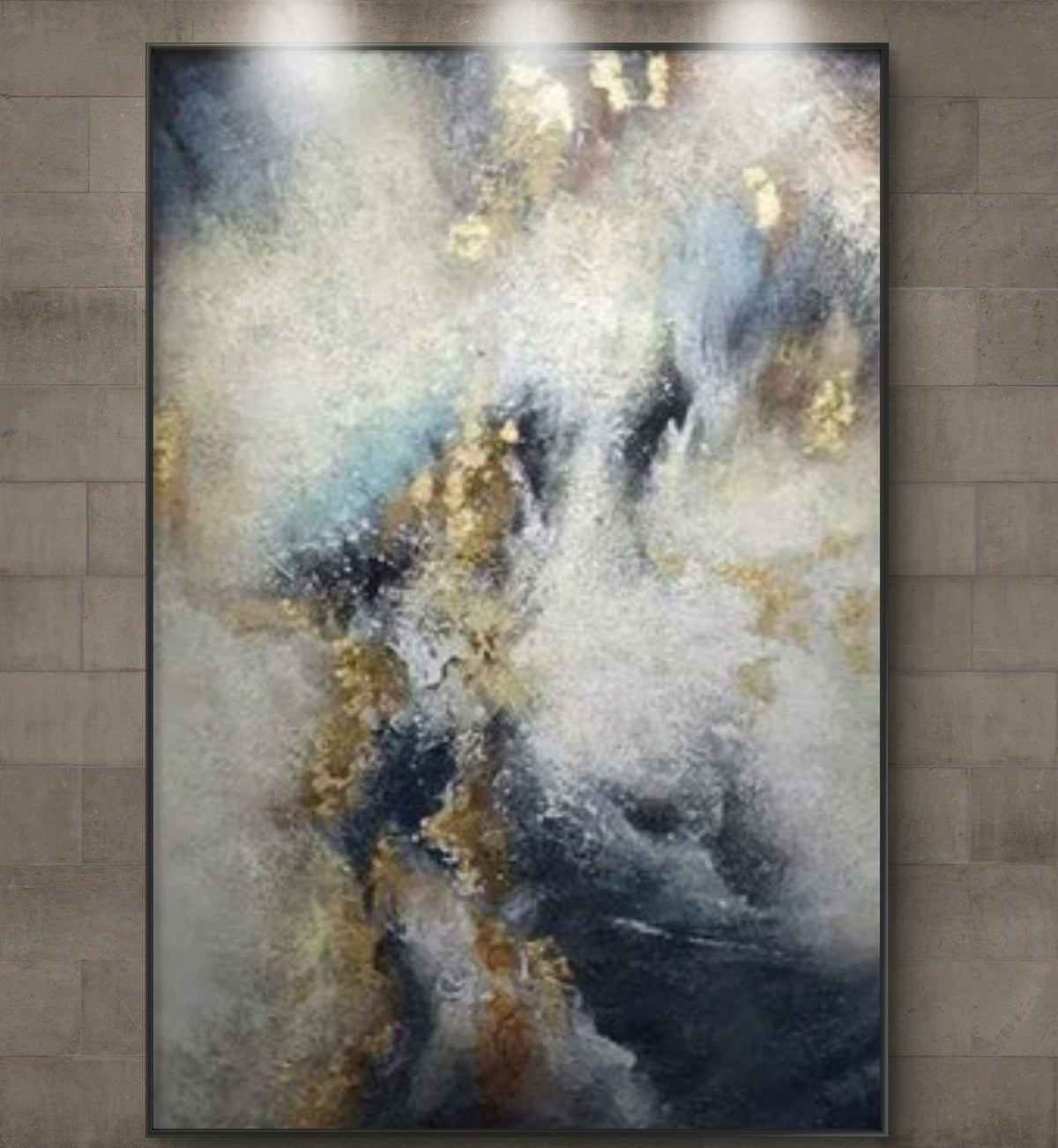 Room mockup. Cloud-like white and cream strokes cross deep navy and grey fields with scattered gold-coloured textured patches.