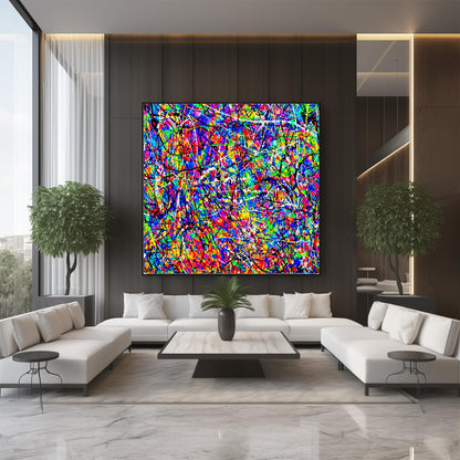 Modern interior with a neon multicolour abstract drip painting featuring vibrant pink, blue, and layered splashes on canvas