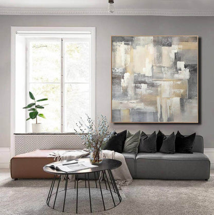Neutral Abstract Texture Painting – Beige, Grey & Ivory Canvas Art for Modern Interiors