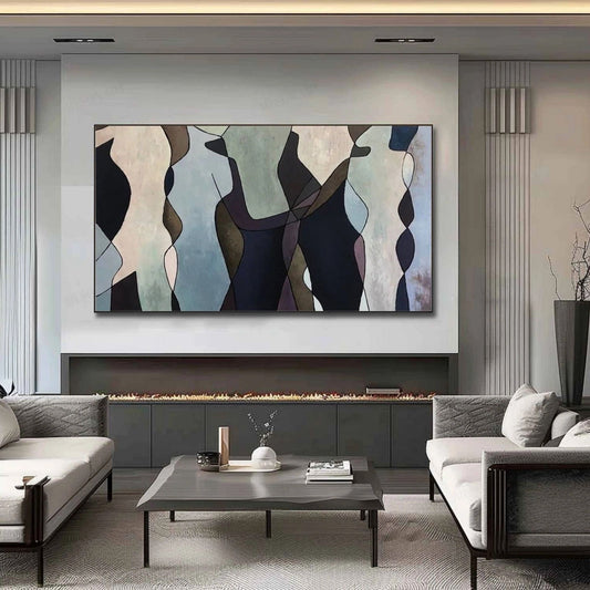 Room mockup showing interlocking elongated silhouettes in cream, pale blue, grey, brown and black.