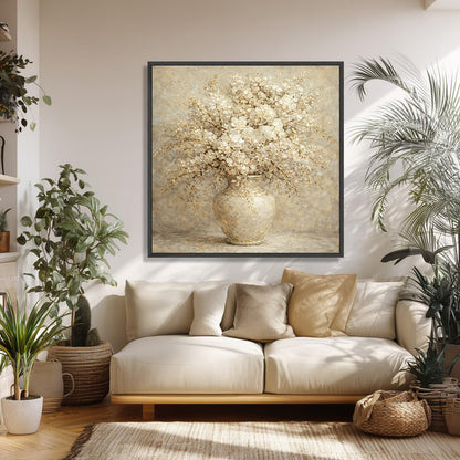 Hand-painted floral wall art above beige sofa in bright living room with natural light, soft neutral tones and elegant styling