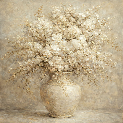 Hand-painted neutral floral artwork on clean background, highlighting beige tones, vase detail and overall composition