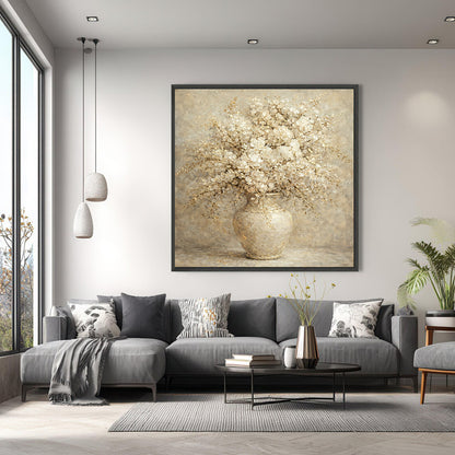 Hand-painted neutral floral painting displayed in modern dark living room with contrast walls and designer furniture