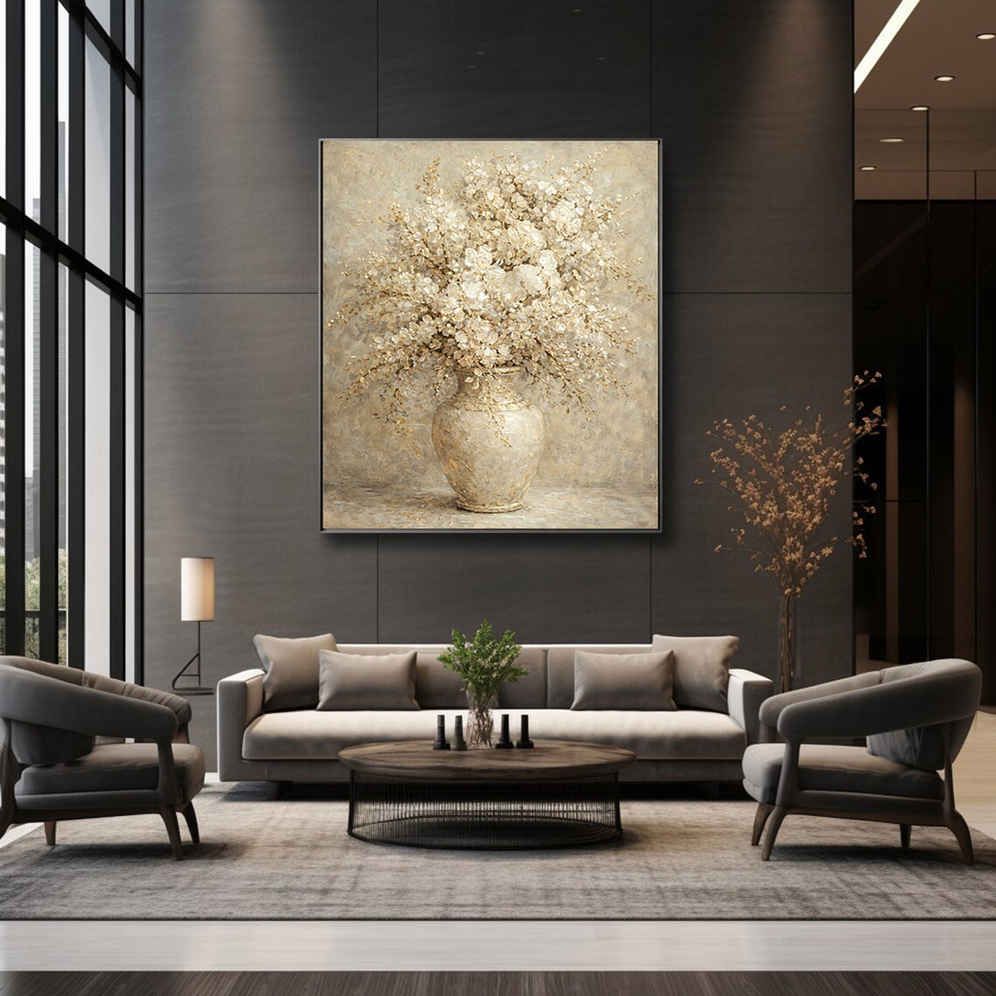 Hand-painted floral painting above grey sofa in modern living room, showcasing neutral palette and elegant texture