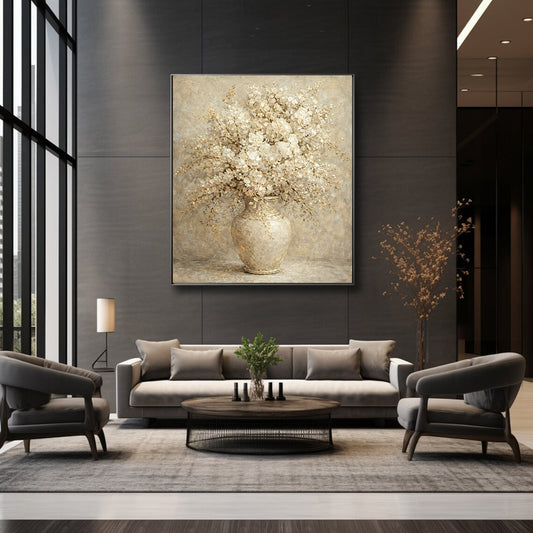 Hand-painted floral painting above grey sofa in modern living room, showcasing neutral palette and elegant texture