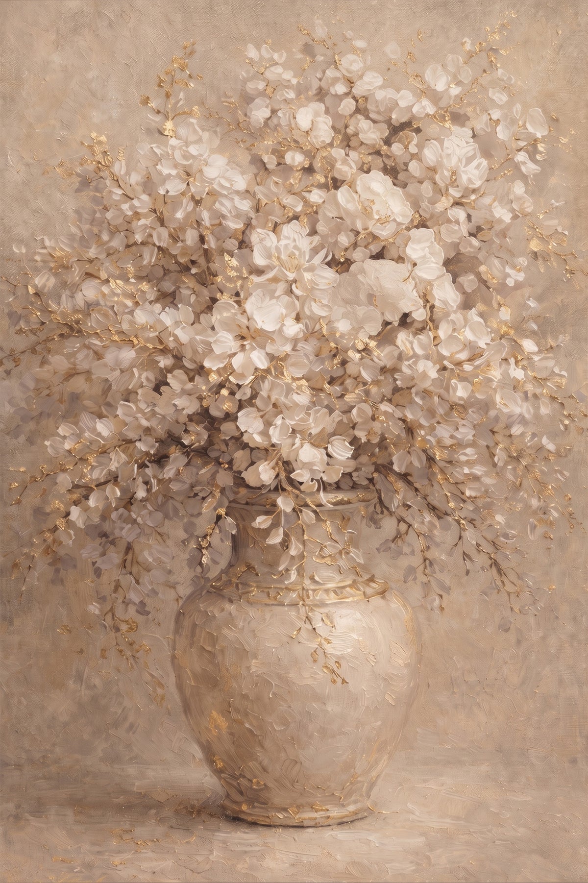 Neutral floral painting with pale blossoms and gold-toned vase details on beige.