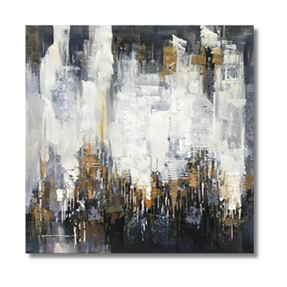 Gold and White Abstract Cityscape Painting – Modern Textured Canvas Wall Art