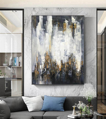 Gold and White Abstract Cityscape Painting – Modern Textured Canvas Wall Art