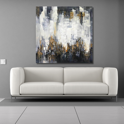 Gold and White Abstract Cityscape Painting – Modern Textured Canvas Wall Art