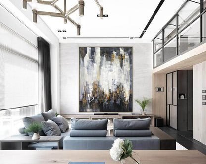 Gold and White Abstract Cityscape Painting – Modern Textured Canvas Wall Art