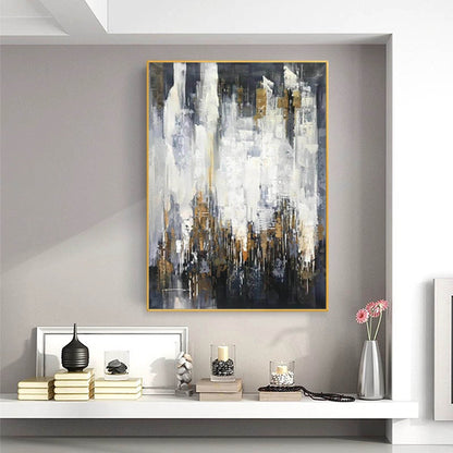 Gold and White Abstract Cityscape Painting – Modern Textured Canvas Wall Art