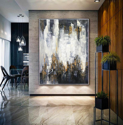 Gold and White Abstract Cityscape Painting – Modern Textured Canvas Wall Art