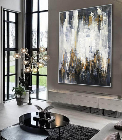 Gold and White Abstract Cityscape Painting – Modern Textured Canvas Wall Art