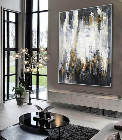 Gold and White Abstract Cityscape Painting – Modern Textured Canvas Wall Art