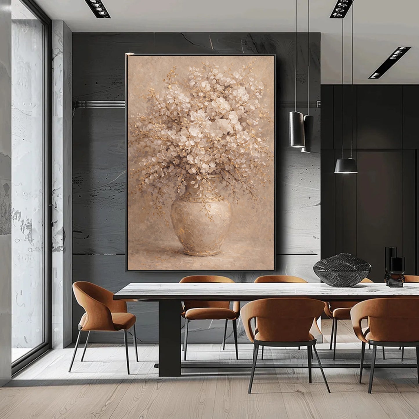 Neutral Floral Vase Painting with Gold Textured Art