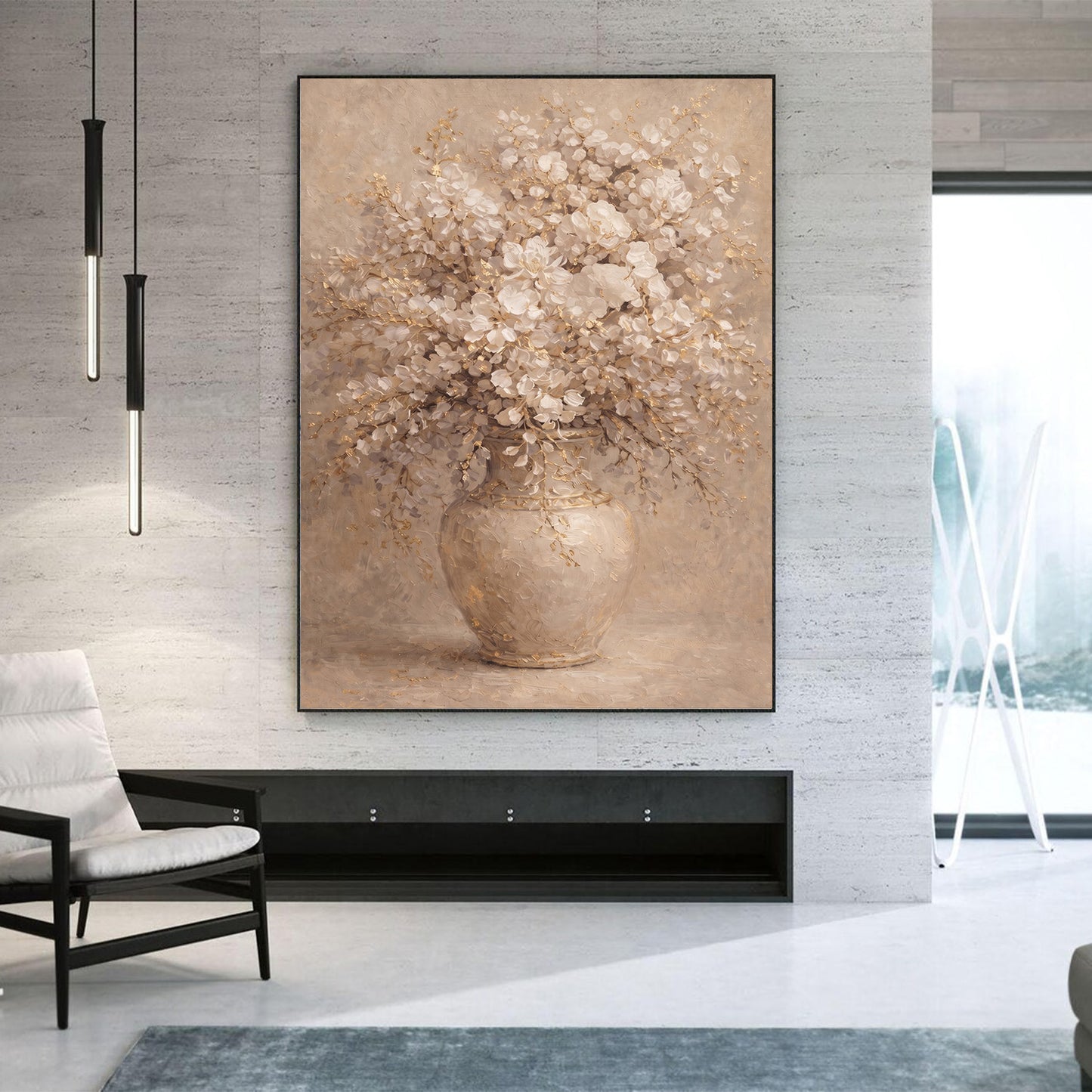Neutral Floral Vase Painting with Gold Textured Art