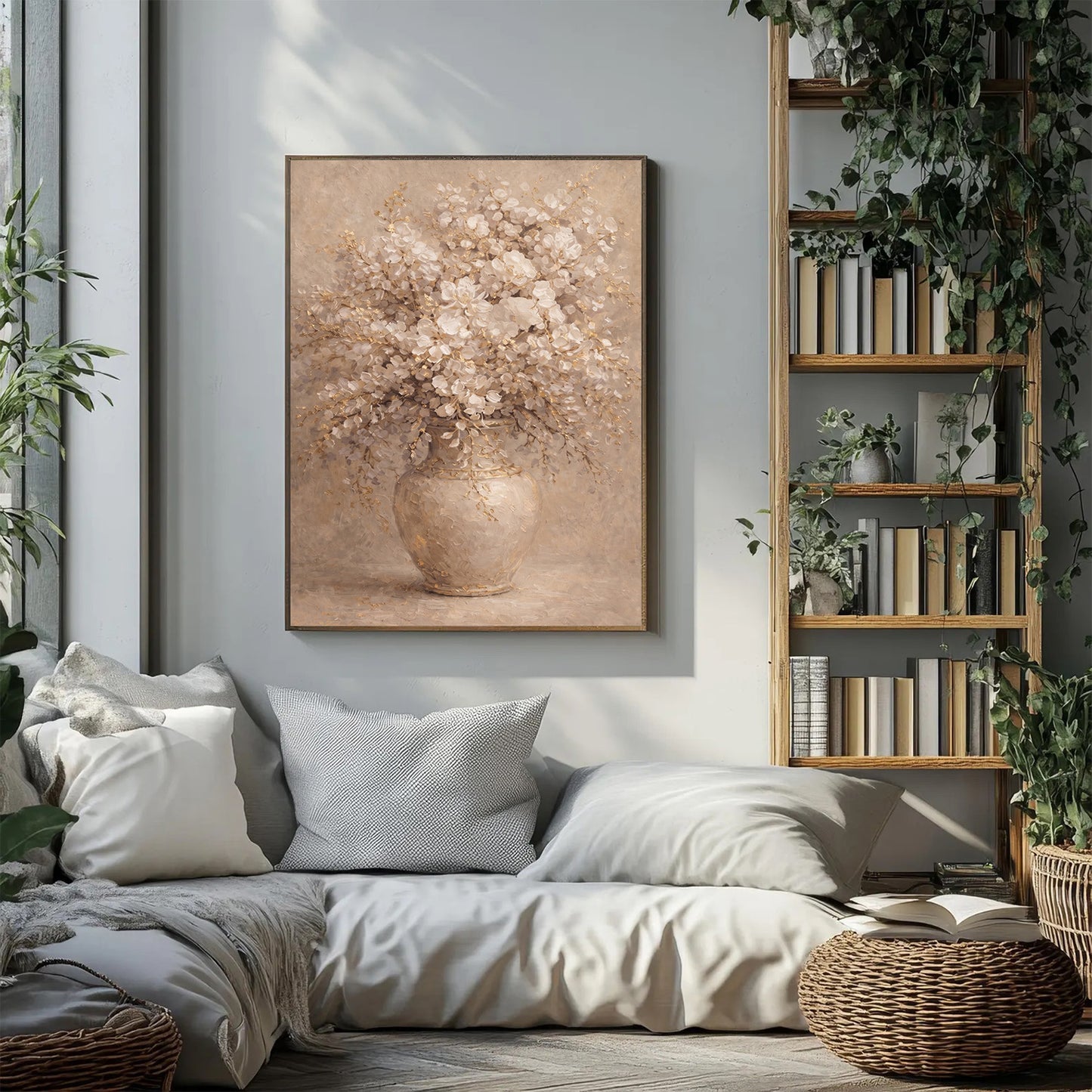 Neutral Floral Vase Painting with Gold Textured Art
