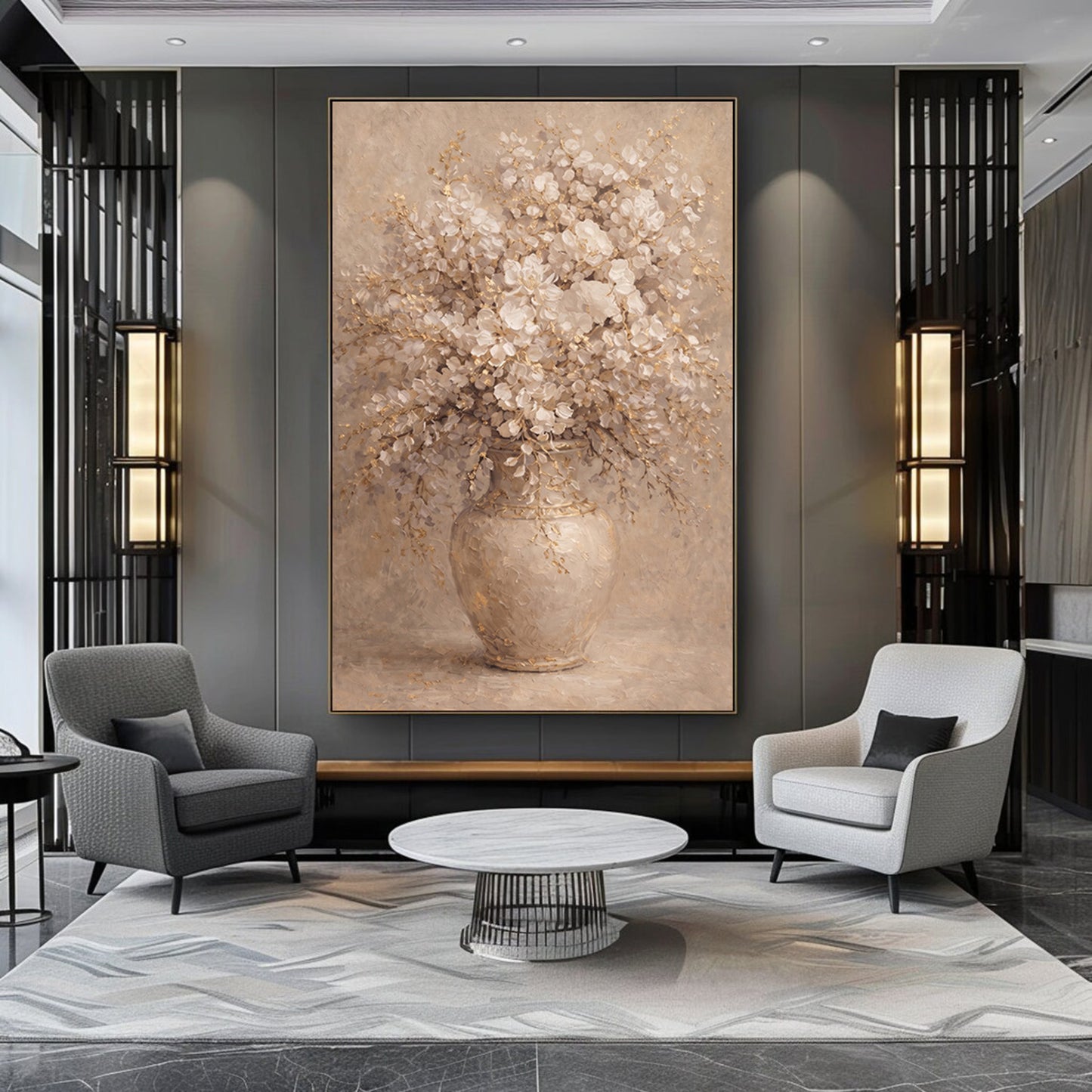 Neutral Floral Vase Painting with Gold Textured Art