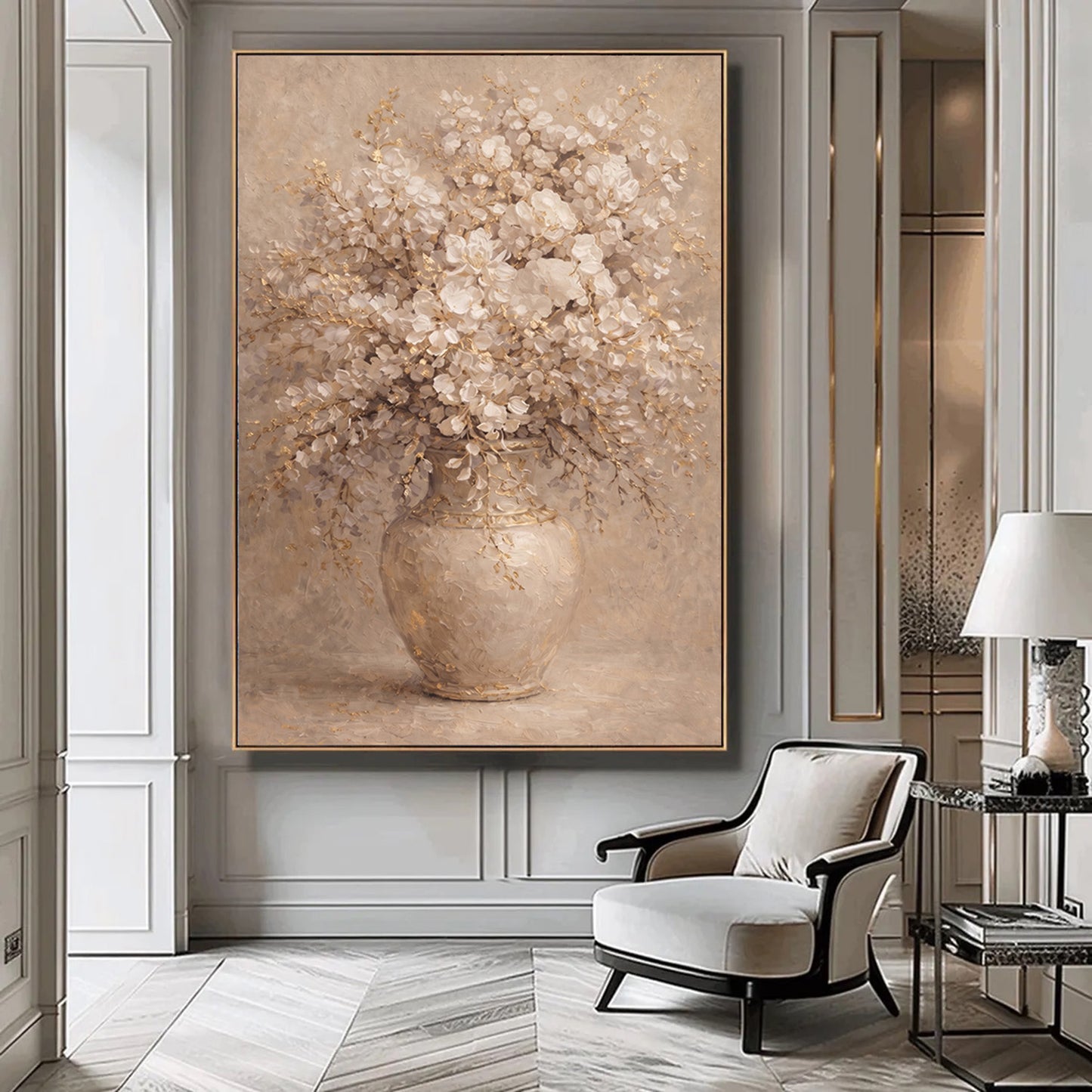 Neutral Floral Vase Painting with Gold Textured Art