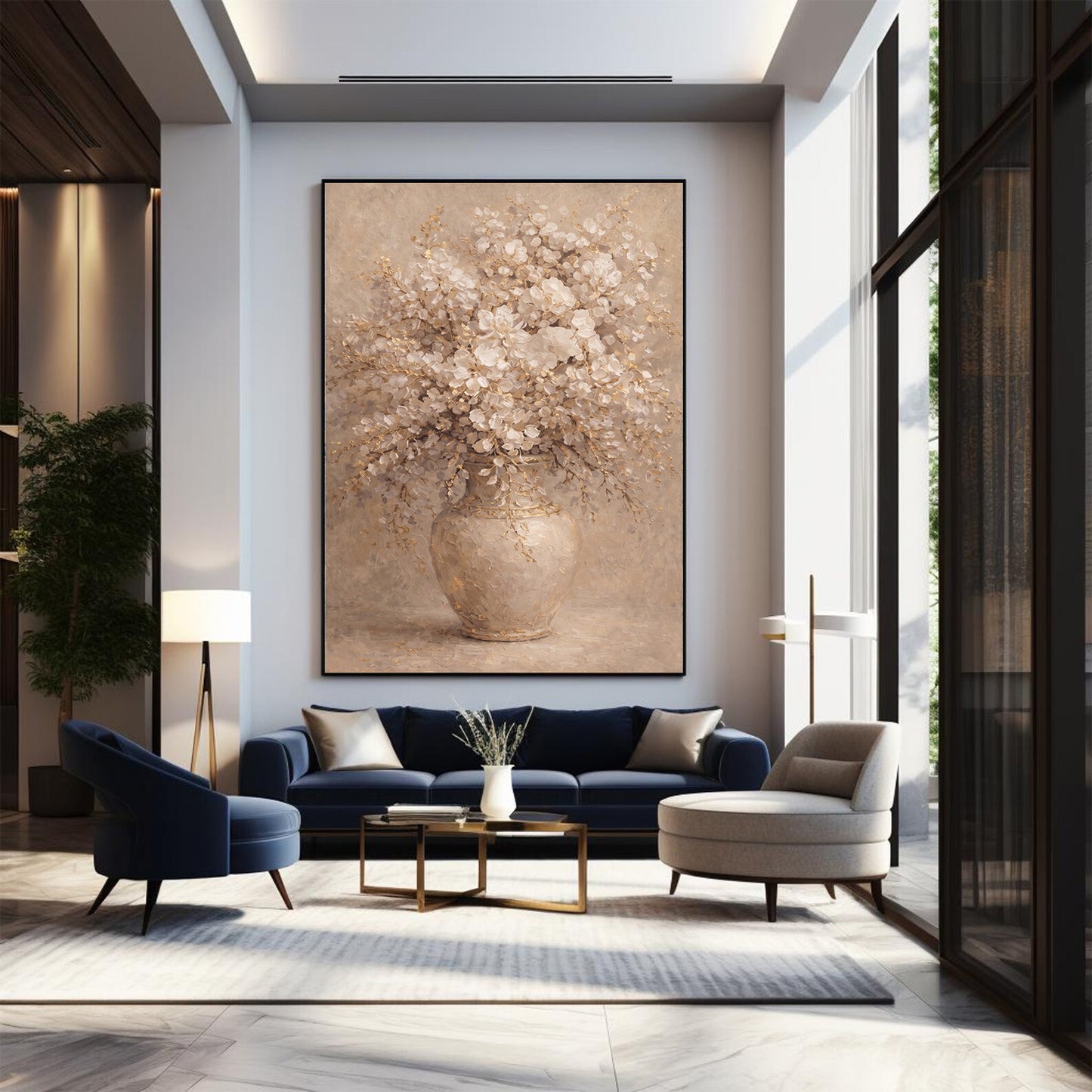 Neutral Floral Vase Painting with Gold Textured Art