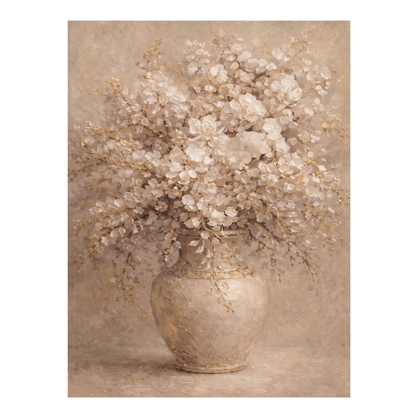 Neutral Floral Vase Painting with Gold Textured Art