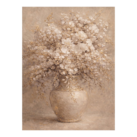 Neutral Floral Vase Painting with Gold Textured Art