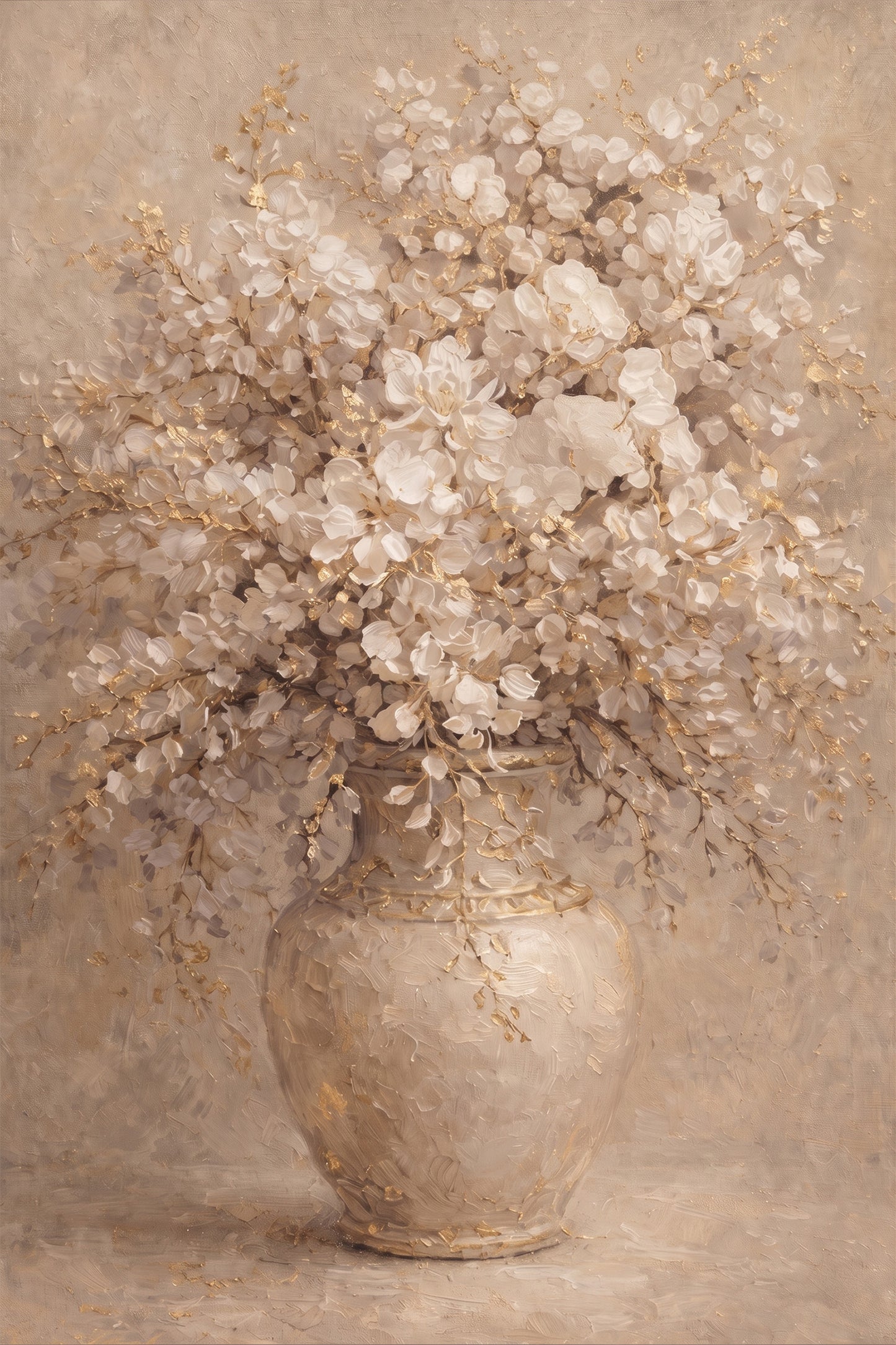 Neutral Floral Vase Painting with Gold Textured Art