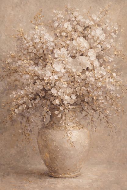 Neutral Floral Vase Painting with Gold Textured Art