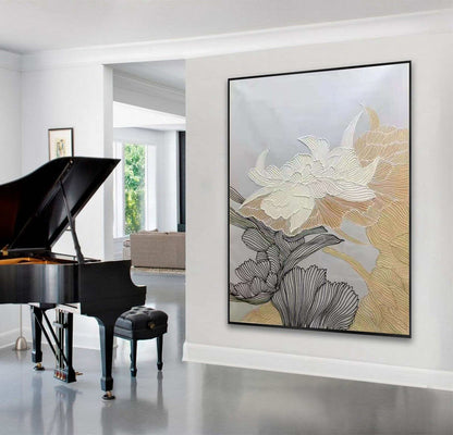 Neutral Floral Line Art Painting – Textured Modern Botanical Wall Art on Canvas