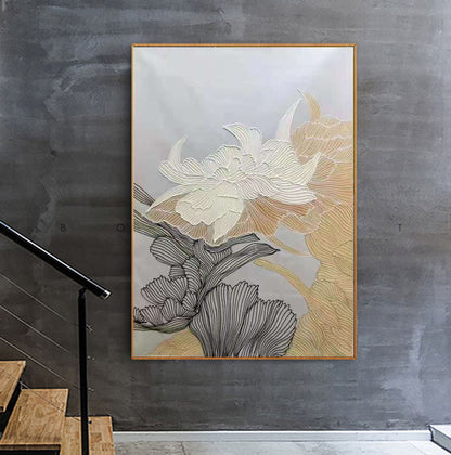 Neutral Floral Line Art Painting – Textured Modern Botanical Wall Art on Canvas