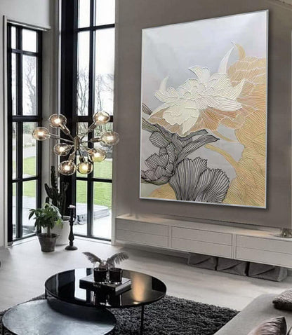 Neutral Floral Line Art Painting – Textured Modern Botanical Wall Art on Canvas