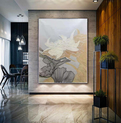 Neutral Floral Line Art Painting – Textured Modern Botanical Wall Art on Canvas