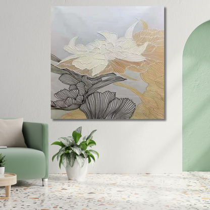 Neutral Floral Line Art Painting – Textured Modern Botanical Wall Art on Canvas