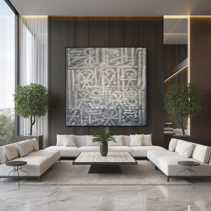 Hand-painted canvas showing symbols, calligraphic marks and geometric forms in neutral tones.