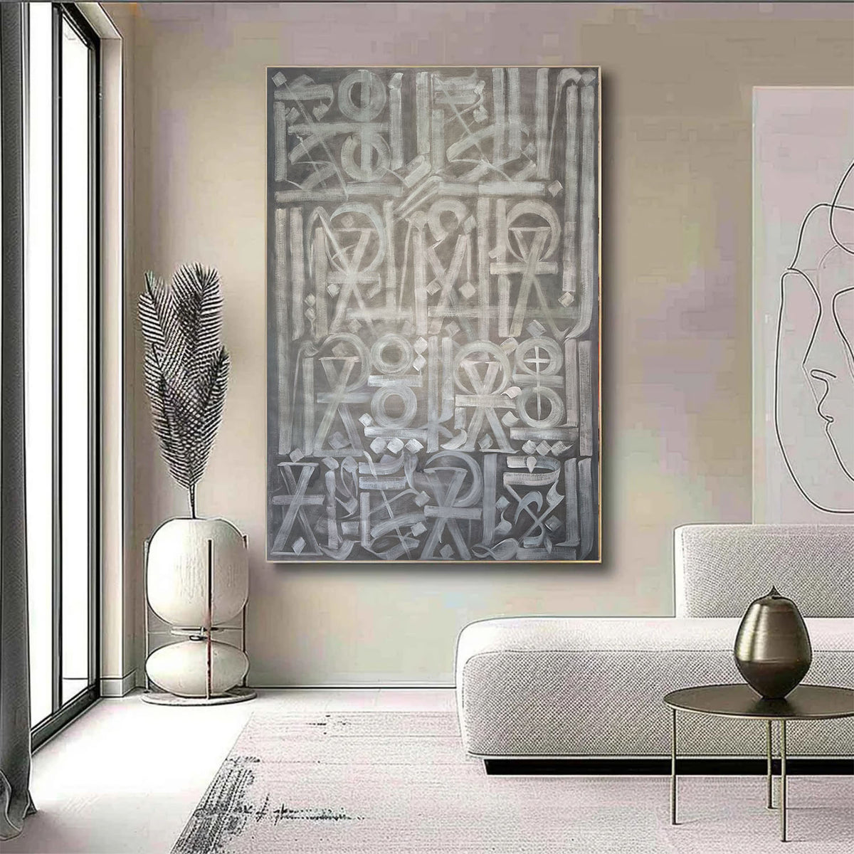 Hand-painted canvas showing symbols, calligraphic marks and geometric forms in neutral tones.