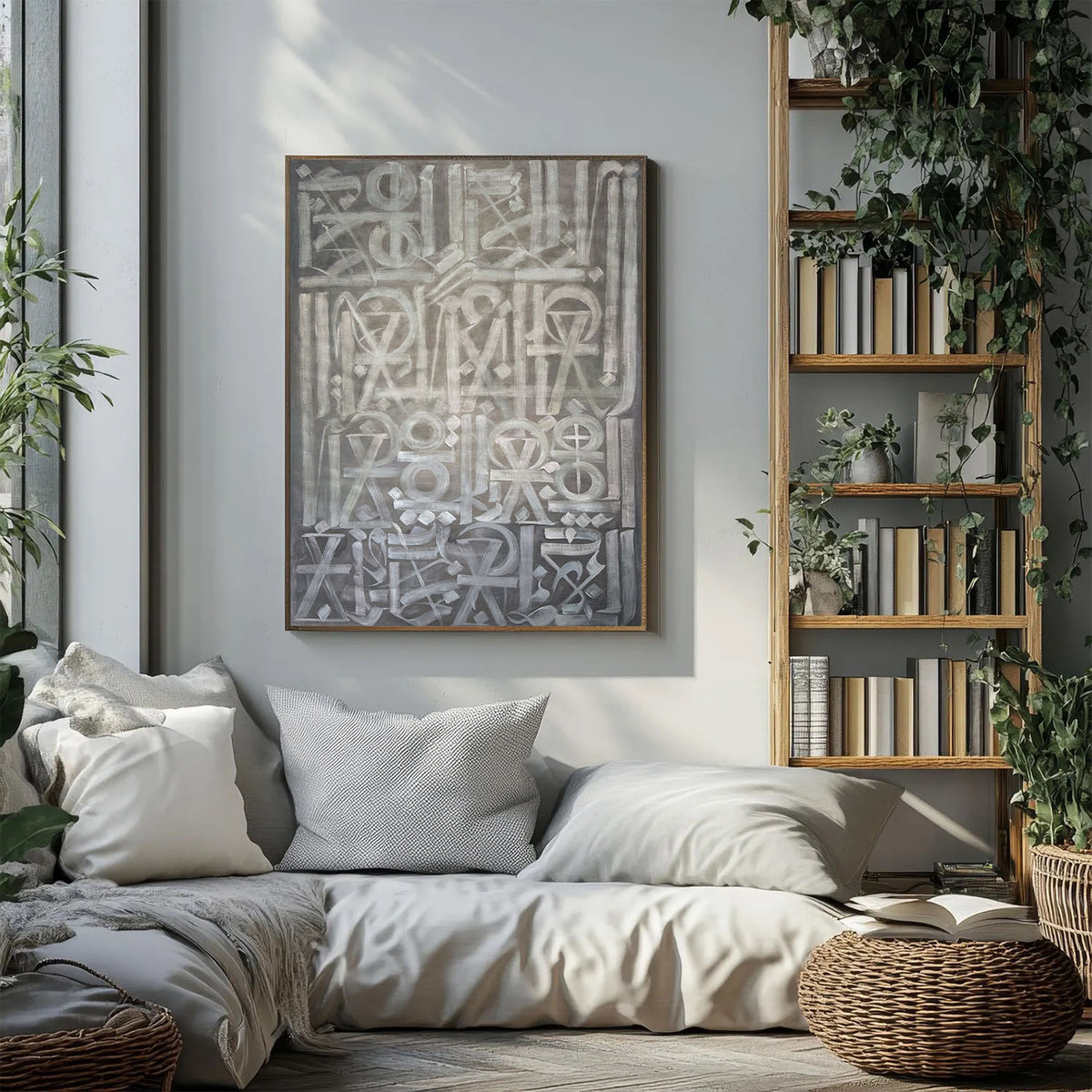 Hand-painted canvas showing symbols, calligraphic marks and geometric forms in neutral tones.