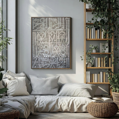 Hand-painted canvas showing symbols, calligraphic marks and geometric forms in neutral tones.