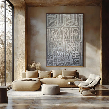 Hand-painted canvas showing symbols, calligraphic marks and geometric forms in neutral tones.