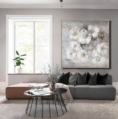 Textured White Floral Painting – Neutral 3D Botanical Canvas in Grey & Gold